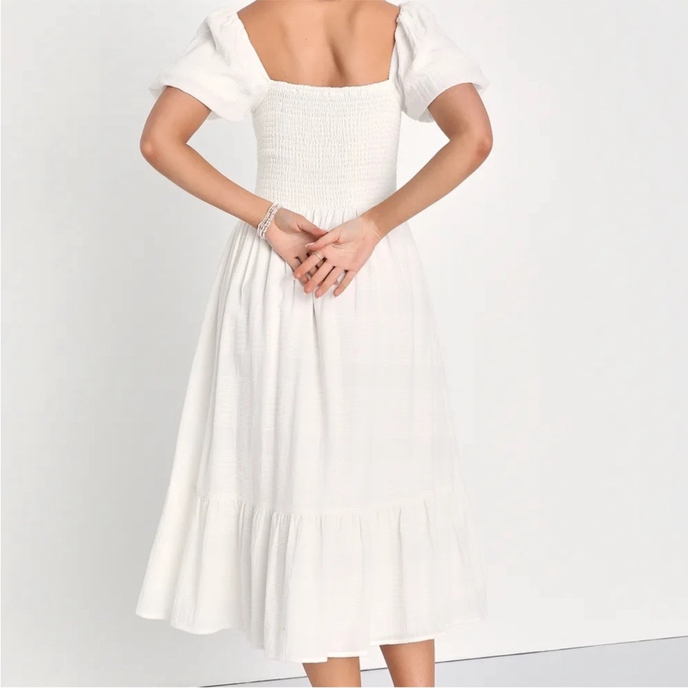 Lulus Budding Charm White Smocked Puff Sleeve Midi Dress With Pockets - Picture 3 of 6